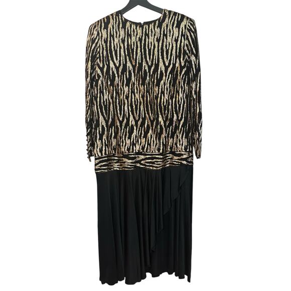 Vintage Ursula of Switzerland Evening Dress Size 18 Black Gold Drop Waist Party - Picture 1 of 14